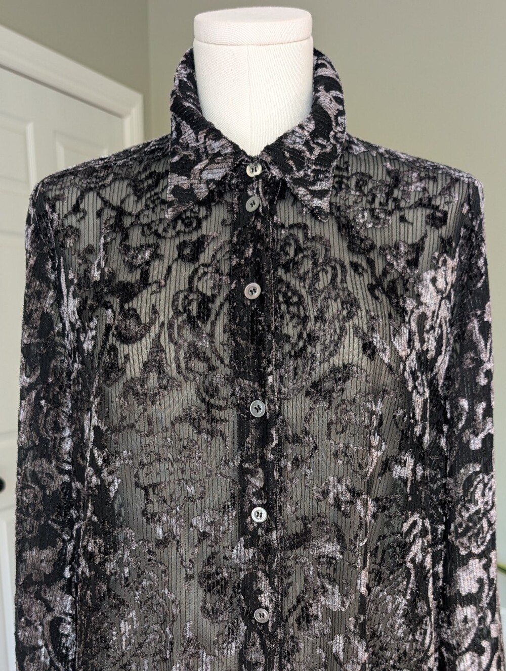 Escada Margaretha Ley Tunic Floral Velvet Jacquard Sheer Shirt Size 42 Large